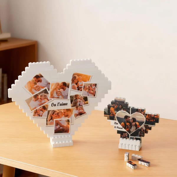 Puzzles en briques de construction personnalisés avec texte et 6 ou 10 photos - Décoration de la maison en forme de cœur - Cadeau pour famille et amis