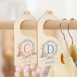 Personalised Cute Bunny Wreath 7 Pcs Wooden Closet Dividers with Name Baby Shower Nursery Easter Gift for New Parents Newborns