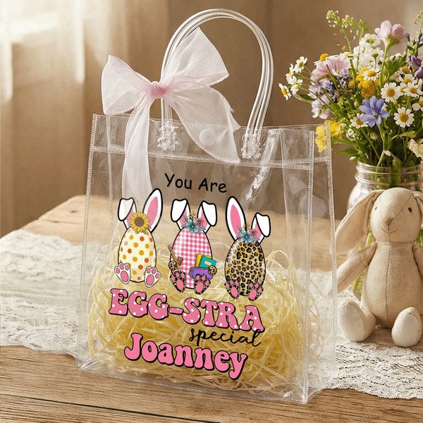 Personalized Cute Easter Eggs Clear Gift Bag with Name and Pink Bow Ribbon Easter Party Favors Gift for Kids