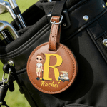 Personalised Cartoon Character Adjustable PU Leather Golf Tee Holder Bag Tag with Name Sports Birthday Gift for Golfers Golf Players
