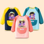 Personalise Cartoon Character Vibrant Paint-Splash Pattern Waterproof Long Sleeve Apron with Name and Pocket Birthday Gift for Kid