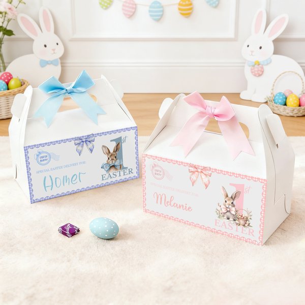 Boîte à cadeaux personnalisée avec nœud et nom pour lapin de Pâques Cadeau de fête de Pâques pour garçons filles