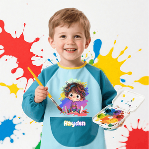 Personalise Cartoon Character Vibrant Paint-Splash Pattern Waterproof Long Sleeve Apron with Name and Pocket Birthday Gift for Kid