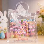 Personalized Happy Easter Y2K Bunny Transparent Gift Bag with Name and Pink Bow Ribbon Easter Egg Hunting Easter Party Favors Gift for Kids