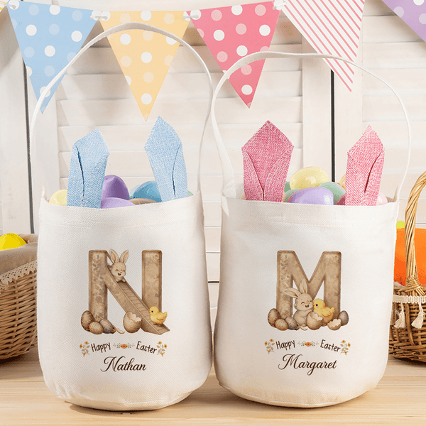 Personalized Cute Rabbit Wooden Effect Initial Easter Basket with Bunny Ears and Name Eggs Hunting Party Easter Gift for Kids