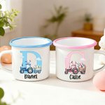 Personalized Easter Bunny Ears Tractor 12 oz Enamel Mug with Initial and Name Daily Use Easter Gift for Kids
