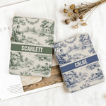 Personalized Vintage Toile De Jouy Style Reading Woman Portable Kindle Case with Name and Hand Strap Daily Use Birthday Gift for Bookworms