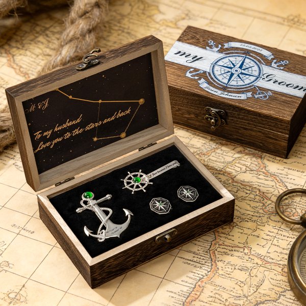 Personalized North Star Design Navigator Jewelry Set with Birthstone and Text Formal Suit Essential Wedding Gift for Groom Best Man