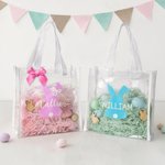 Personalised Cute Bunny Silhouette Bow Reusable Transparent Tote Bag with Handle and Name Egg Hunting Party Easter Gift for Toddlers Kids