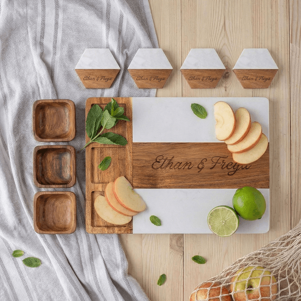 Personalized Engraved Name Marble 11 Pcs Cutting Board Coaster Set with Ceramic Bowl Birthday Anniversary Gift for Family Friend