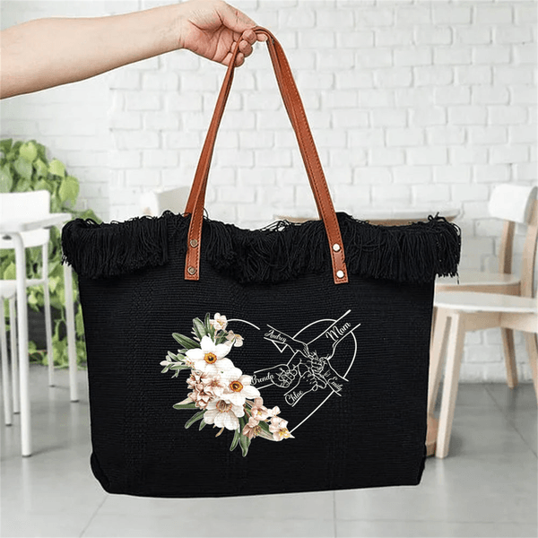 Personalized Heart Birth Flower Tassel Canvas Large Capacity Tote Bag with Name Daily Use Birthday Gift for Women