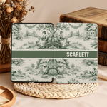 Personalized Vintage Toile De Jouy Style Reading Woman Portable Kindle Case with Name and Hand Strap Daily Use Birthday Gift for Bookworms