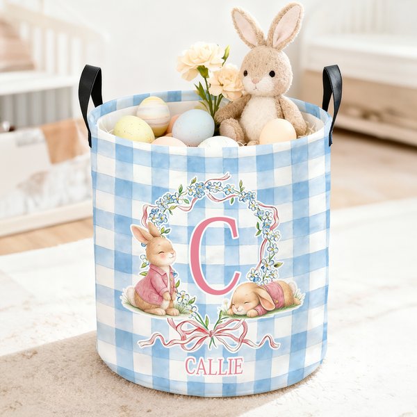 Personalized Cute Easter Bunny Wreath Bow Plaid Laundry Basket with Initial and Name Daily Use Easter Day Gift for Kids