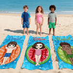 Personalisierte Cartoon-Charakter Obst Muster schnell trocknen übergroßen Strand Handtuch mit Namen und Drawstring Tasche täglichen Strand Party Geschenk für Schwimmer Freunde
