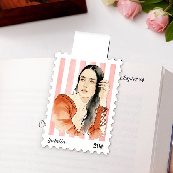Personalised Watercolour Style Striped Stamp Design Photo Magnetic Bookmark Clip with Name Reading Tool Club Birthday Gift for Book Lovers