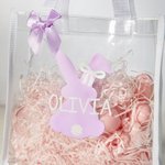 Personalised Cute Bunny Silhouette Bow Reusable Transparent Tote Bag with Handle and Name Egg Hunting Party Easter Gift for Toddlers Kids