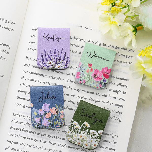 Personalised Floral PU Leather Magnetic Bookmark Clip with Name Birthday Gift for Book Lovers
