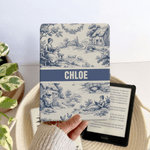 Personalized Vintage Toile De Jouy Style Reading Woman Portable Kindle Case with Name and Hand Strap Daily Use Birthday Gift for Bookworms