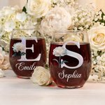 Personalized Mother of Pearl Effect Birth Flower 15 oz Stemless Wine Glass with Initial and Name Home Bar Treat Birthday Gift for Wine Lover
