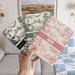 Personalized Vintage Toile De Jouy Style Reading Woman Portable Kindle Case with Name and Hand Strap Daily Use Birthday Gift for Bookworms