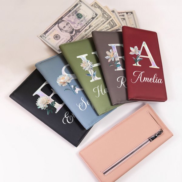 Personalized Pearl Effect Birth Flower  PU Leather Long Billfold Wallet with Name and Card Holder Daily Use Birthday Mother's Day Gift for Woman