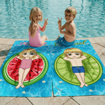 Personalisierte Cartoon-Charakter Obst Muster schnell trocknen übergroßen Strand Handtuch mit Namen und Drawstring Tasche täglichen Strand Party Geschenk für Schwimmer Freunde