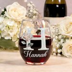 Personalized Mother of Pearl Effect Birth Flower 15 oz Stemless Wine Glass with Initial and Name Home Bar Treat Birthday Gift for Wine Lover