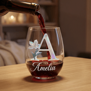Personalised Mother of Pearl Effect Birth Flower 15 oz Stemless Wine Glass with Initial and Name Home Bar Treat Birthday Gift for Wine Lover