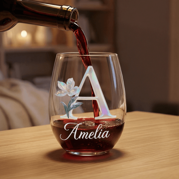 Personalized Mother of Pearl Effect Birth Flower 15 oz Stemless Wine Glass with Initial and Name Home Bar Treat Birthday Gift for Wine Lover