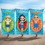 Personalisierte Cartoon-Charakter Obst Muster schnell trocknen übergroßen Strand Handtuch mit Namen und Drawstring Tasche täglichen Strand Party Geschenk für Schwimmer Freunde