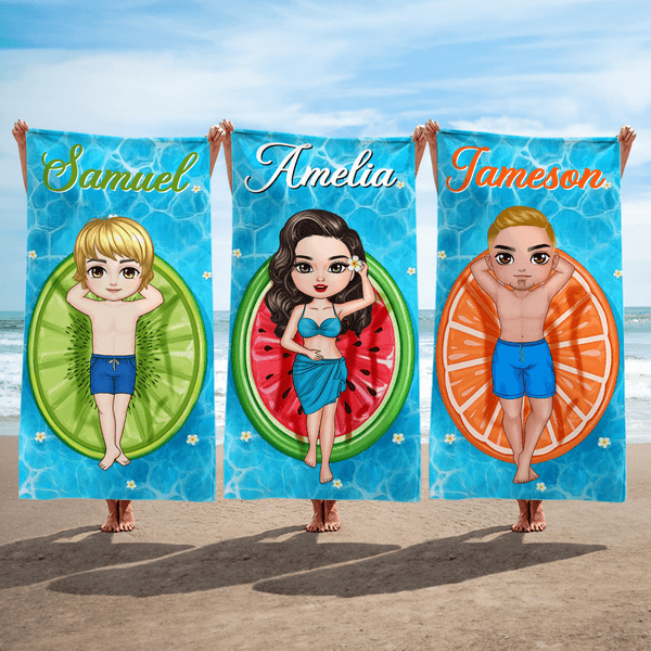Personalisierte Cartoon-Charakter Obst Muster schnell trocknen übergroßen Strand Handtuch mit Namen und Drawstring Tasche täglichen Strand Party Geschenk für Schwimmer Freunde