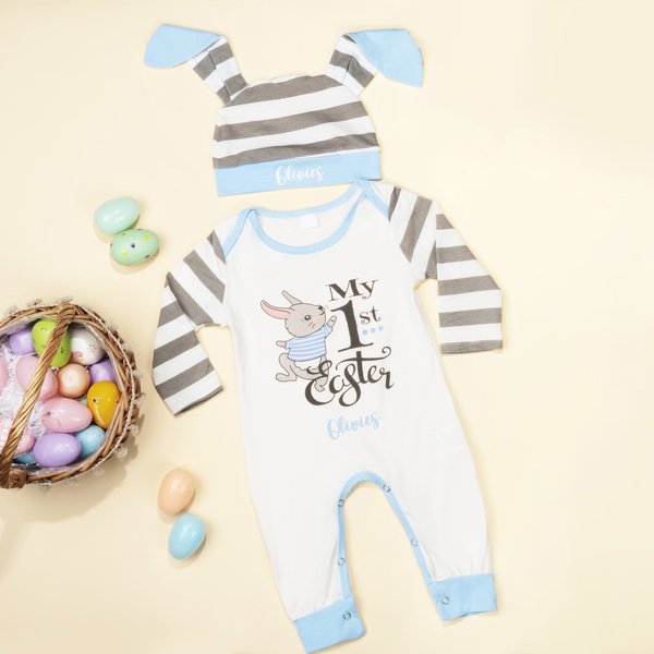 Personalized 100% Cotton My First Easter Baby Romper Bunny Ear Hat Set with Name Easter Birthday Gift for Baby Boy