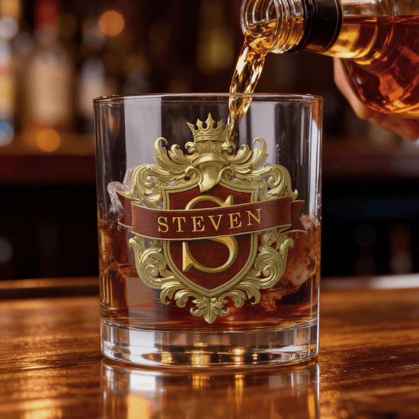 Personalized Retro Classic Badge Initial Name 10 oz Rock Whiskey Glass Old Fashioned Birthday Gift for Man Bartender Whiskey Enthusiast