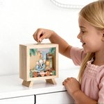 Hucha de madera personalizada con nombre e inicial diseño de animales del bosque regalo de vuelta al cole y cumpleaños para niños