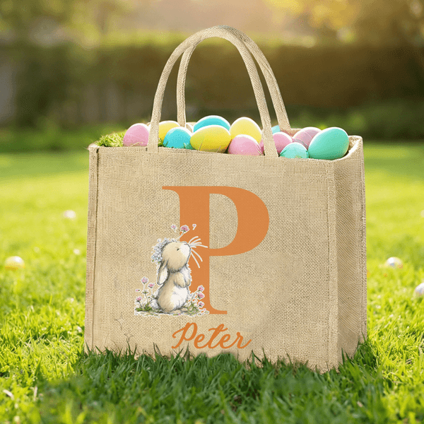 Personalized Easter Bunny Large Capacity Jute Bag with Initial and Name Daily Use Easter Gift for Friends Kids