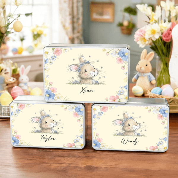 Personalizzato carino floreale corona coniglietto biscotto scatola di latta con nome stoccaggio accessori festa di Pasqua regalo per ragazzi ragazze