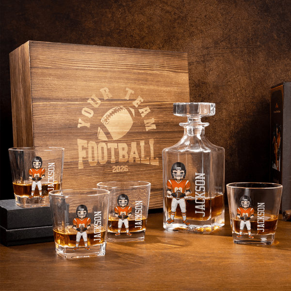Personalized Football Cartoon Character Whiskey Decanter with Name and Number Birthday Game Day Gift for Football Lovers