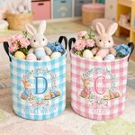 Personalised Cute Easter Bunny Wreath Bow Plaid Laundry Basket with Initial and Name Daily Use Easter Day Gift for Kids