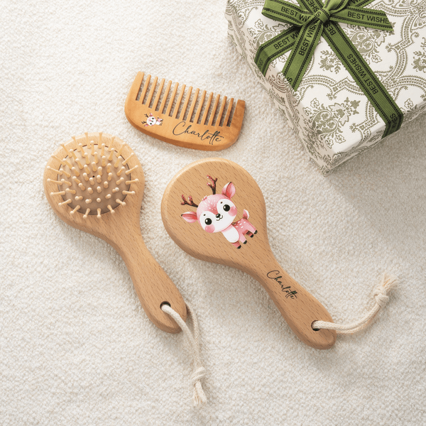 Personalized Cute Forest Animal Name Wooden Baby Hair Brush Comb Set with Drawstring Bag and Gift Box Baptism Birthday Gift for Babies Kids