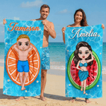 Personalisierte Cartoon-Charakter Obst Muster schnell trocknen übergroßen Strand Handtuch mit Namen und Drawstring Tasche täglichen Strand Party Geschenk für Schwimmer Freunde