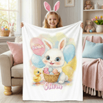 Personalized Happy Easter Cute Bunny Chick Balloon Soft Throw Blanket with Name Home Decor Easter Gift for Kids