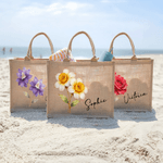 Personalized Watercolor Style Birth Flower Large Jute Tote Bag with Name Daily Use Birthday Gift for Women Girls