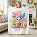 Personalized Happy Easter Cute Bunny Chick Balloon Soft Throw Blanket with Name Home Decor Easter Gift for Kids