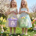 Gepersonaliseerde Schattig Konijn Bloem Geruit Paasmand met Naam en Initiaal Ideaal voor Paaseieren Zoeken en als Paascadeau voor Kinderen