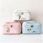 Gepersonaliseerde Geboorte Bloem PU Lederen Wijd Openende Cosmetische Tas met Naam Reis Opberg Cadeau voor Verjaardag voor Vrouwen