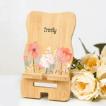 Personalized Watercolor Flower Bamboo Wooden Phone Stand iPad Holder with Name Desk Organizer Daily Use Birthday Gift for Women