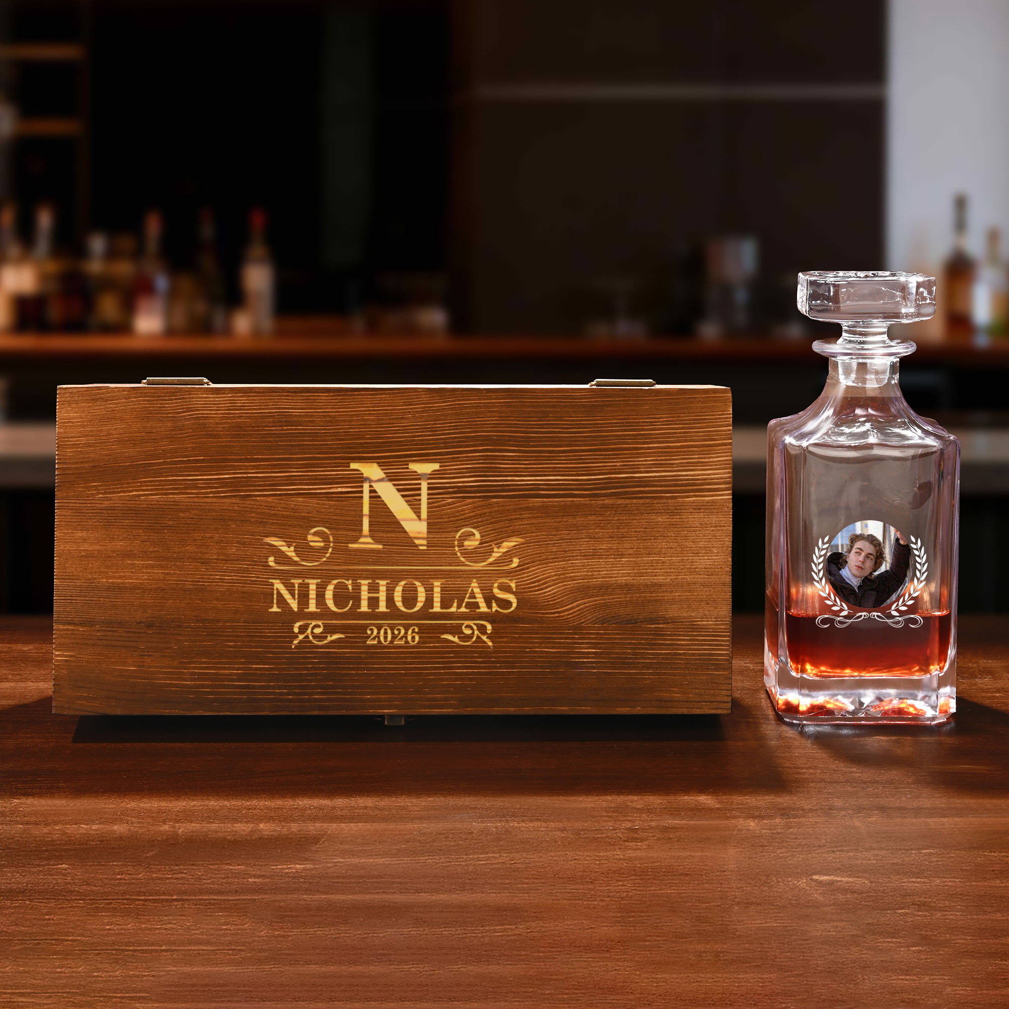 Personalised Photo Whiskey Decanter 2 Glasses Box Set with Engraved ...