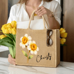 Personalized Watercolor Style Birth Flower Large Jute Tote Bag with Name Daily Use Birthday Gift for Women Girls