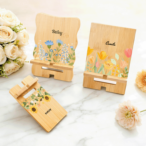 Personalized Watercolor Flower Bamboo Wooden Phone Stand iPad Holder with Name Desk Organizer Daily Use Birthday Gift for Women
