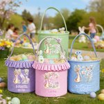 Gepersonaliseerde Schattig Konijn Bloem Geruit Paasmand met Naam en Initiaal Ideaal voor Paaseieren Zoeken en als Paascadeau voor Kinderen